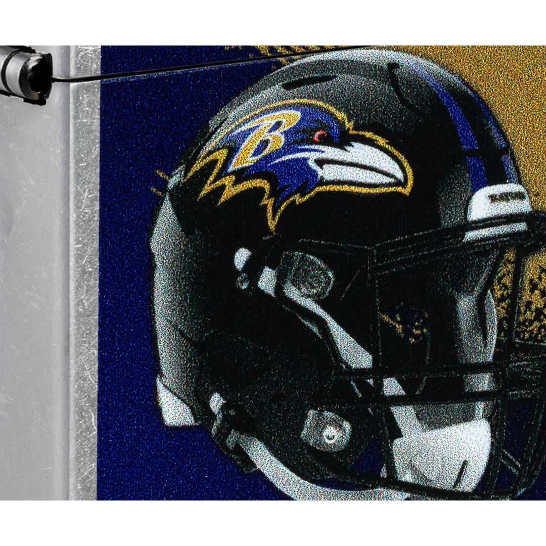 Front view of Zippo NFL Baltimore Ravens Helmet Design Street Chrome Windproof Lighter close up to show the detail of the lighter.