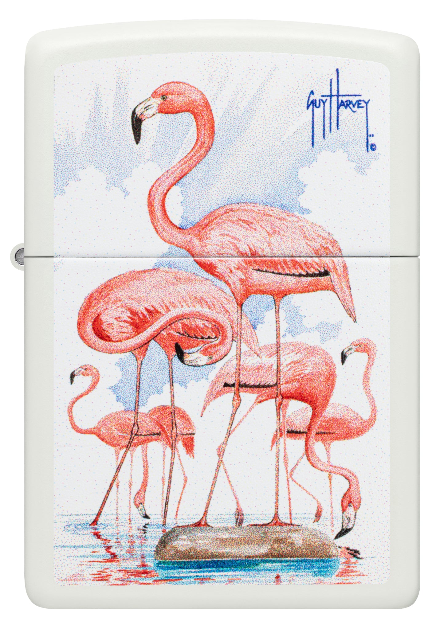 Front view of Zippo Guy Harvey Flamingos Design White Matte Windproof Lighter.