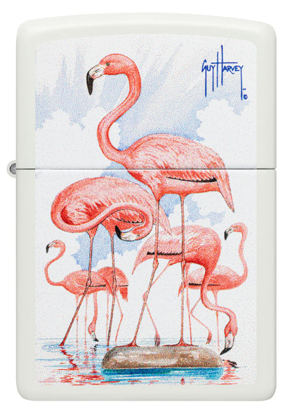 Front view of Zippo Guy Harvey Flamingos Design White Matte Windproof Lighter.