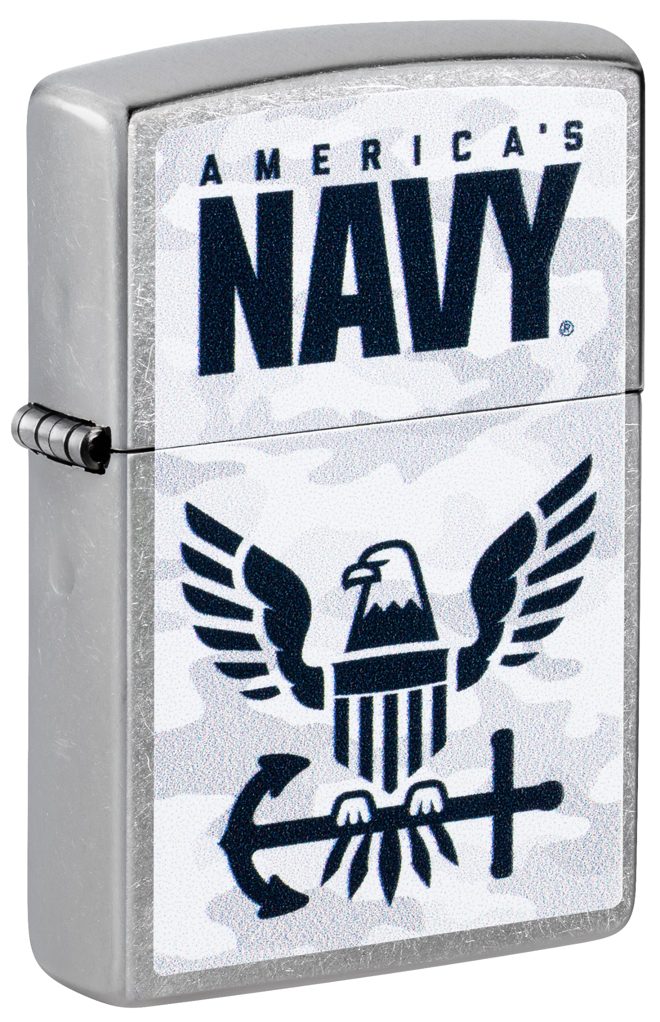 Front shot of Zippo United States Navy® Camo Logo Design Street Chrome Windproof Lighter standing at a 3/4 angle.