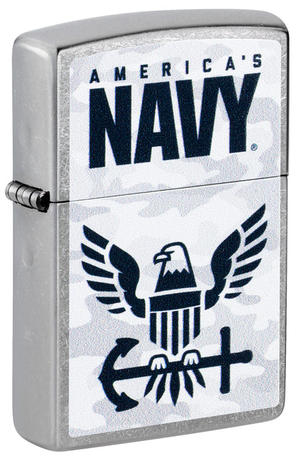 Front shot of Zippo United States Navy® Camo Logo Design Street Chrome Windproof Lighter standing at a 3/4 angle.
