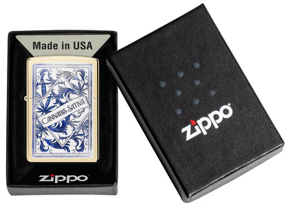 Zippo Sativa Serenity Design Champagne Windproof Lighter in its packaging.