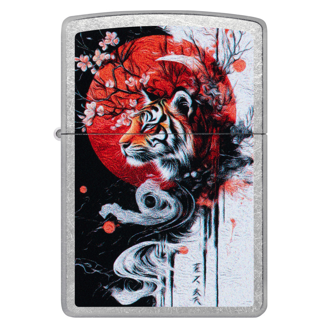 Front view of Zippo Tiger Blossom Design Street Chrome Windproof Lighter.