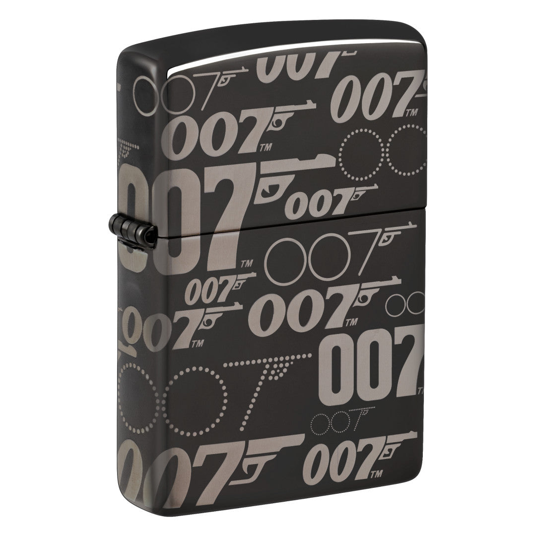 Front shot of Zippo James Bond 007™ Logo Design High Polish Black Windproof Lighter standing at a 3/4 angle.