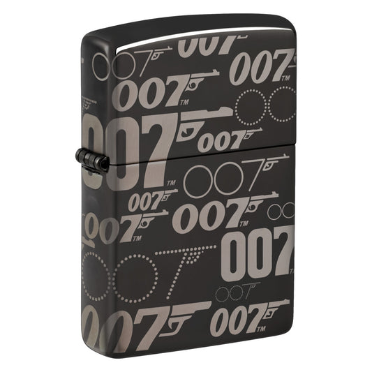 Front shot of Zippo James Bond 007™ Logo Design High Polish Black Windproof Lighter standing at a 3/4 angle.