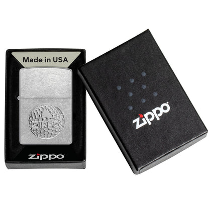 Zippo Golf Ball Marker Emblem – Zippo Design Street Chrome Windproof Lighter in its packaging.