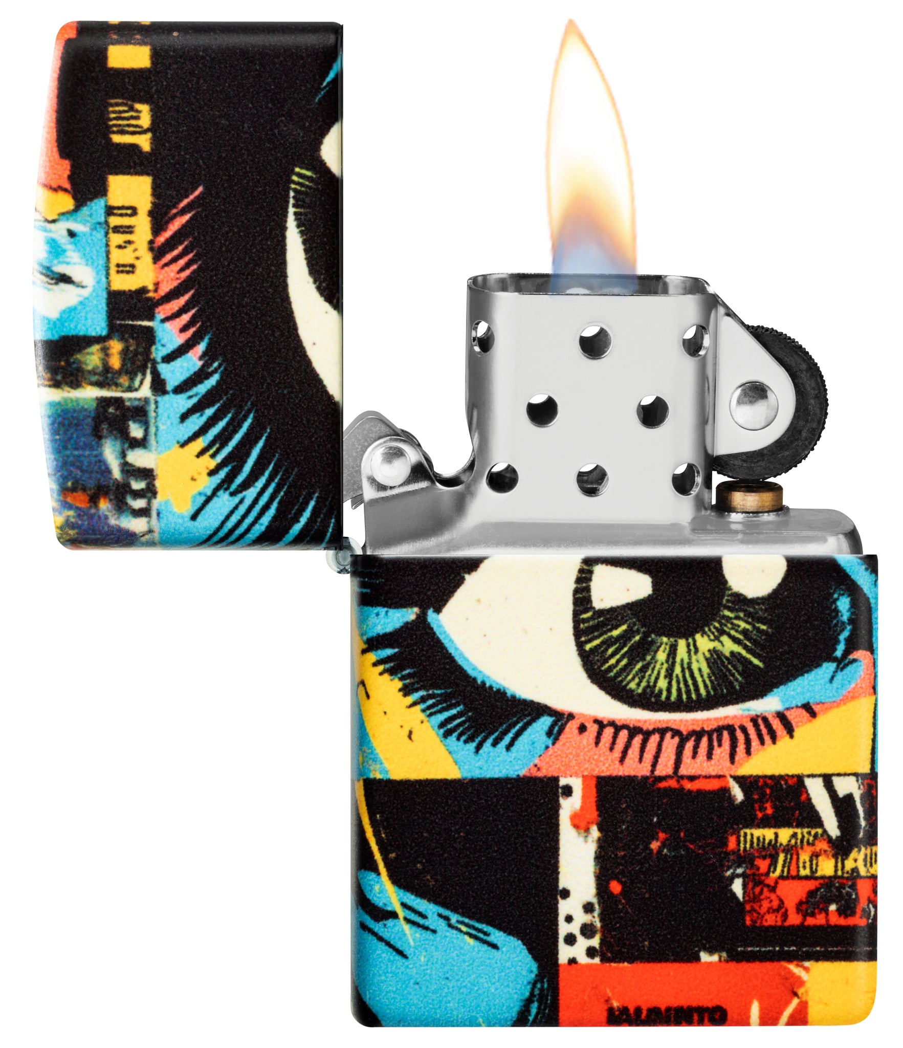 Zippo Eye See You Design 540 Matte Windproof Lighter with its lid open and lit.
