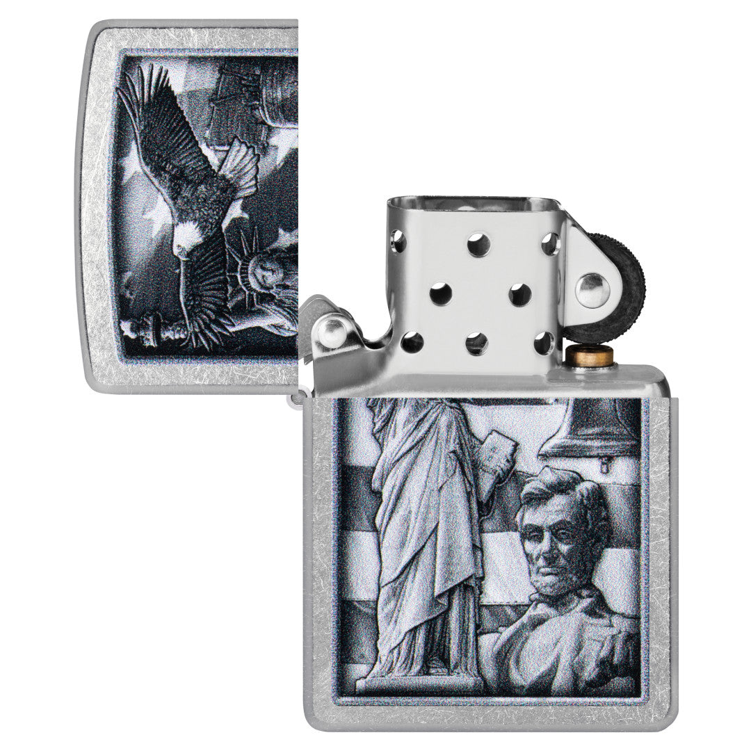 Zippo American Icons Design Street Chrome Windproof Lighter with its lid open and unlit.
