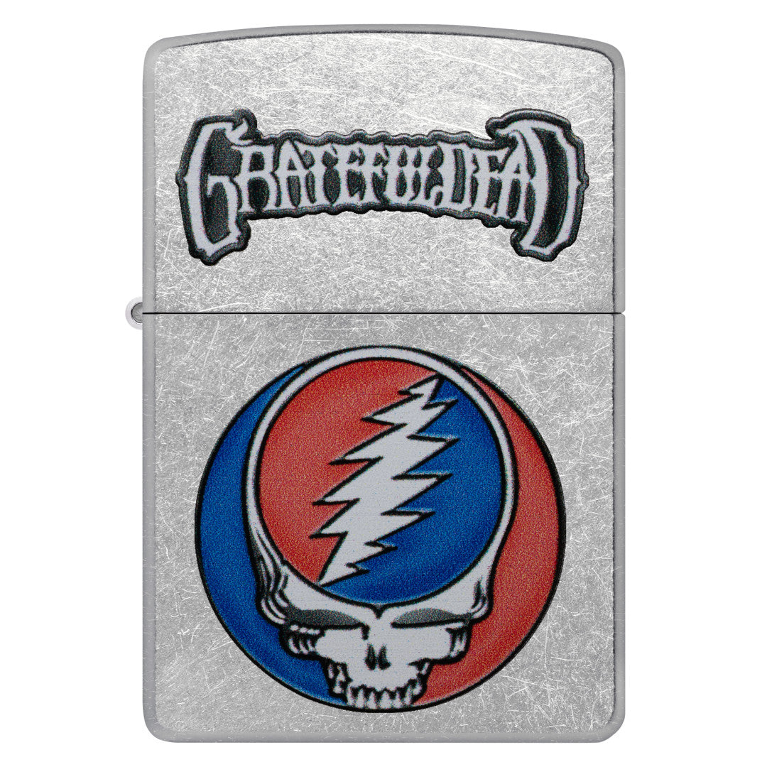 Front view of Zippo Grateful Dead Steal Your Face Design Street Chrome Windproof Lighter.