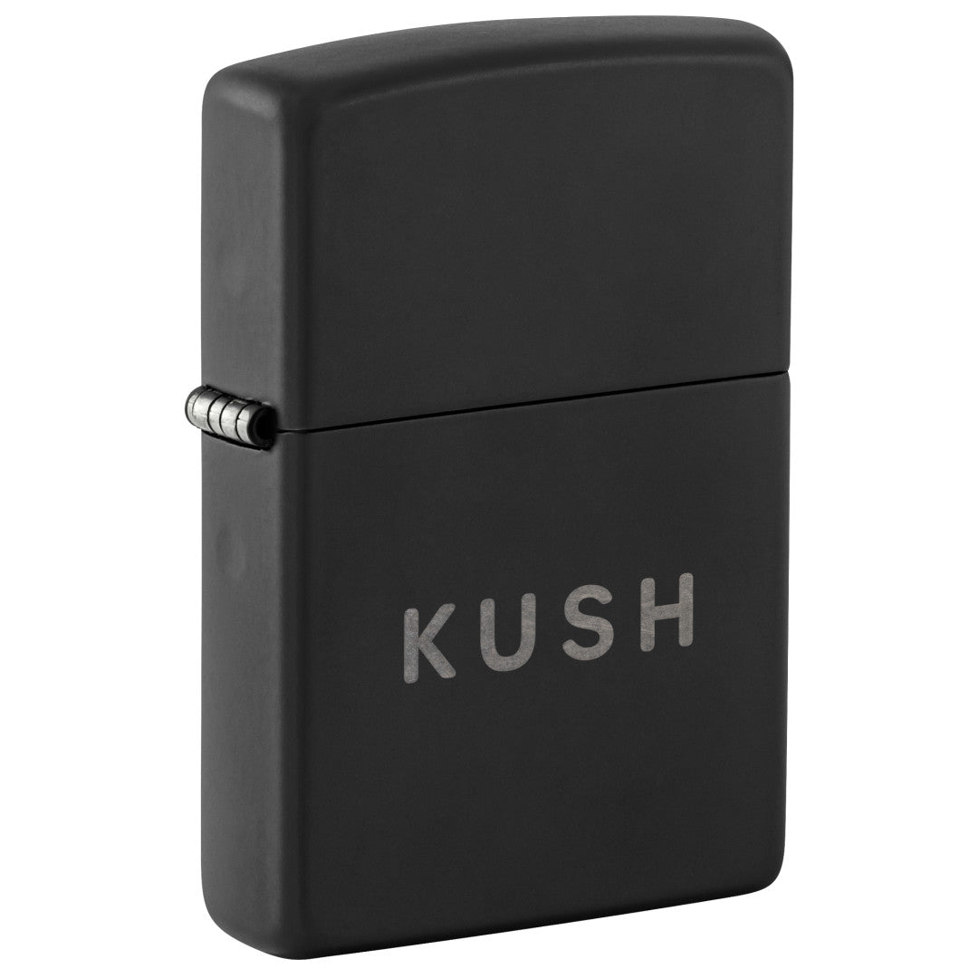 Front shot of Zippo Kush Design Black Matte with Chrome Windproof Lighter standing at a 3/4 angle.