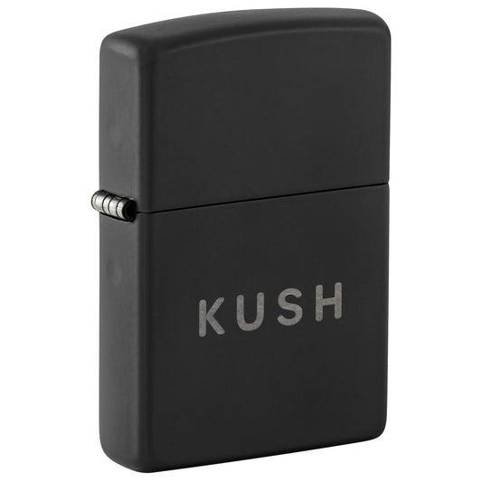 Front shot of Zippo Kush Design Black Matte with Chrome Windproof Lighter standing at a 3/4 angle.