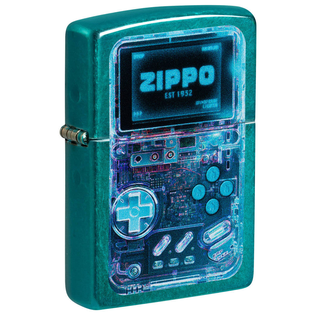 Front shot of Zippo Game On Design Candy Teal Windproof Lighter standing at a 3/4 angle.