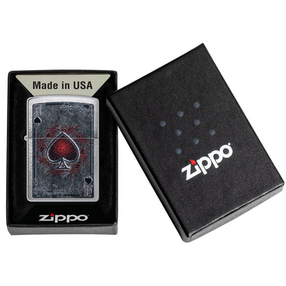 Zippo Antiqued Ace Design Brushed Chrome Windproof Lighter in its packaging.