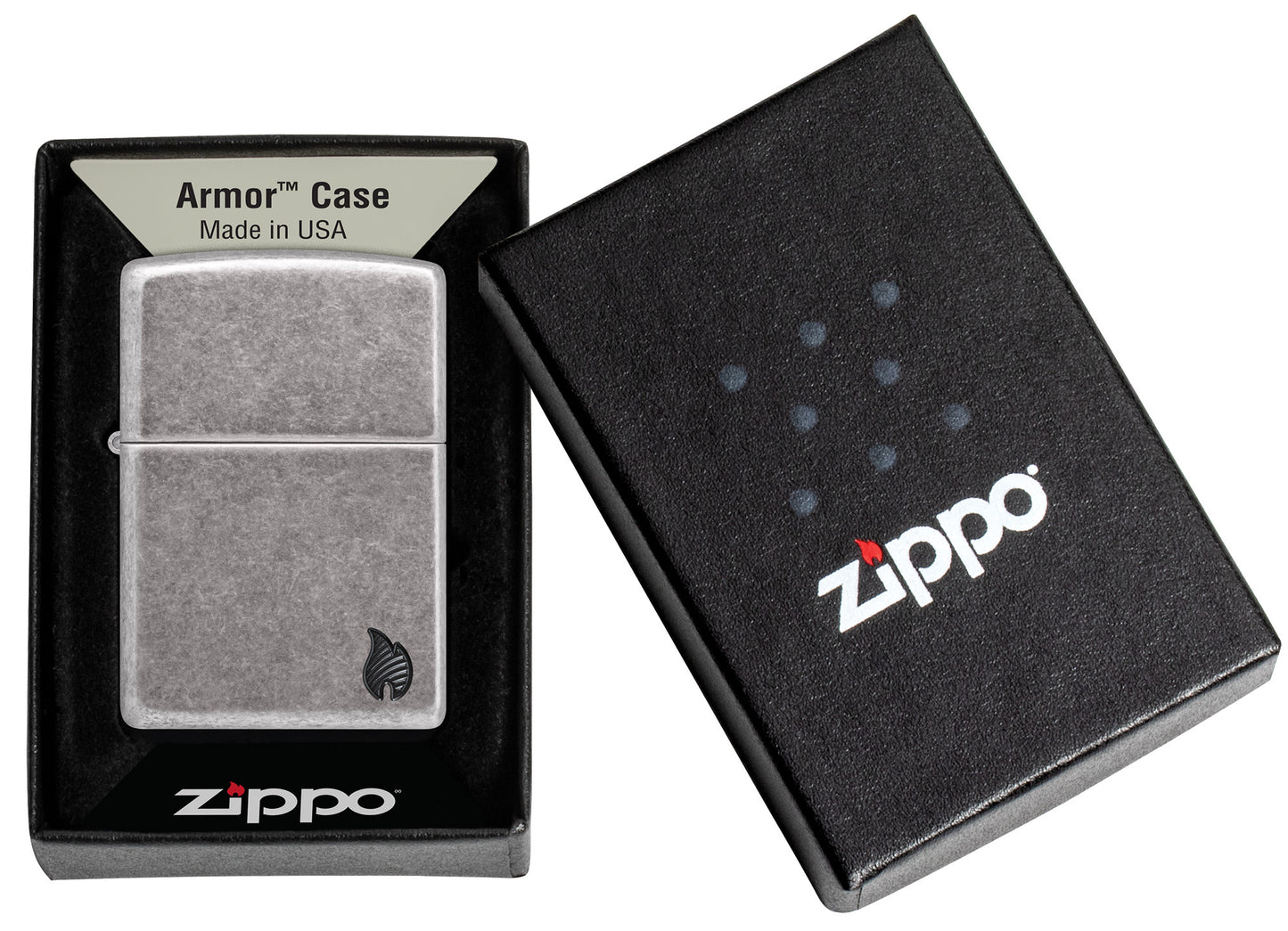 Zippo Armor Series Flame Antique Silver Windproof Lighter in its packaging.