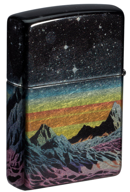 Back shot of Zippo Space in Color Design 540 Tumbled Chrome Windproof Lighter standing at a 3/4 angle.