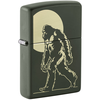 Front shot of Zippo Sasquatch Stroll Design Green Matte Windproof Lighter standing at a 3/4 angle.
