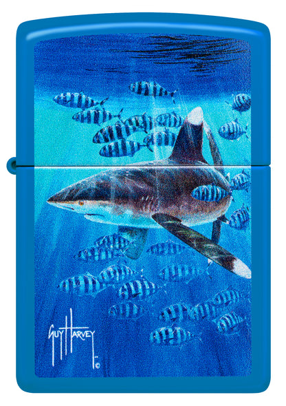 Front view of Zippo Guy Harvey Co-Pilot Design Sky Blue Matte Windproof Lighter.