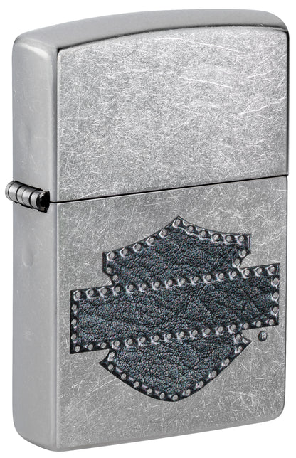 Front shot of Zippo Harley-Davidson® Leathered Logo Design Street Chrome Windproof Lighter standing at a 3/4 angle.