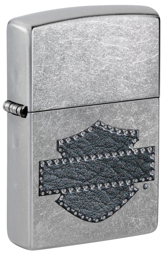 Front shot of Zippo Harley-Davidson® Leathered Logo Design Street Chrome Windproof Lighter standing at a 3/4 angle.