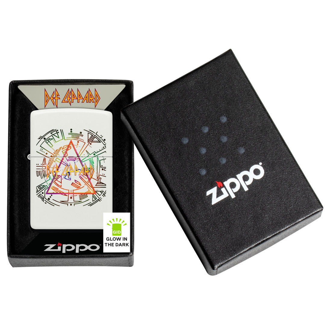 Zippo Def Leppard Glowing Hysteria Design Glow in the Dark Green Windproof Lighter in its packaging.