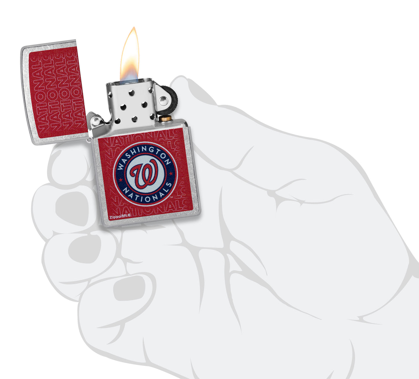 Zippo MLB® Washington Nationals Street Chrome Windproof Lighter lit in hand.