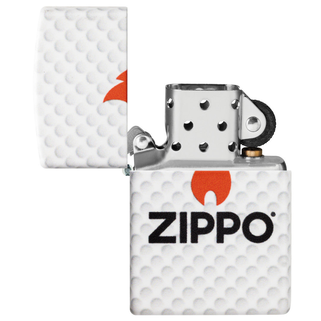 Zippo Golf Ball Design 540 Matte Windproof Lighter with its lid open and unlit.