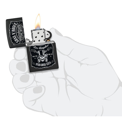 Zippo Guns N' Roses Paradise City Design Black Matte Windproof Lighter lit in hand.