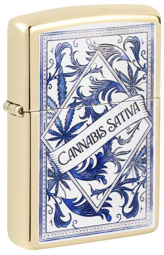 Front shot of Zippo Sativa Serenity Design Champagne Windproof Lighter standing at a 3/4 angle.