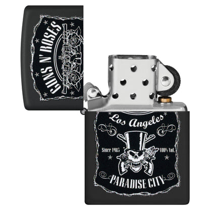 Zippo Guns N' Roses Paradise City Design Black Matte Windproof Lighter with its lid open and unlit.