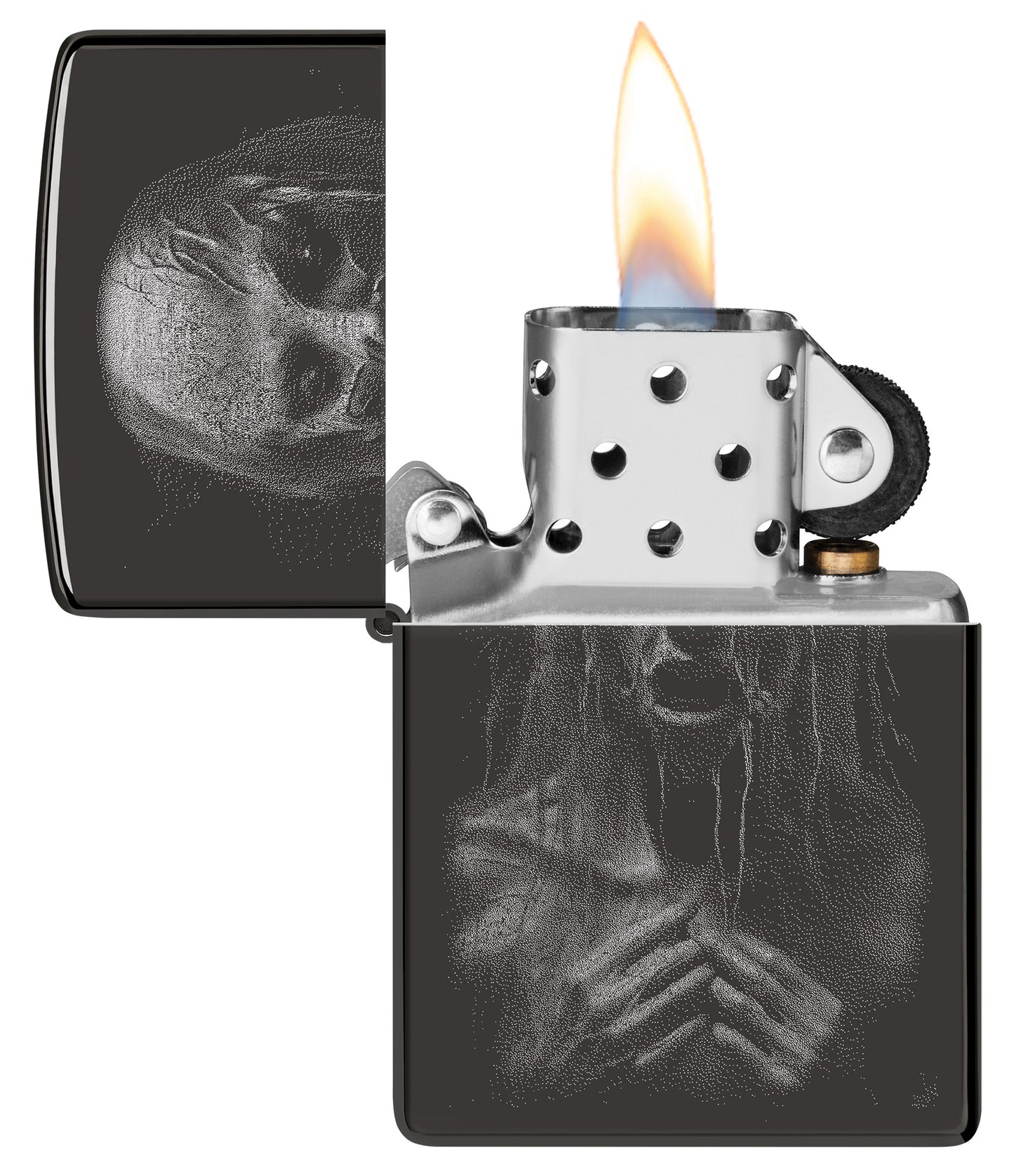 Zippo Monster Design High Polish Black Windproof Lighter with its lid open and lit.