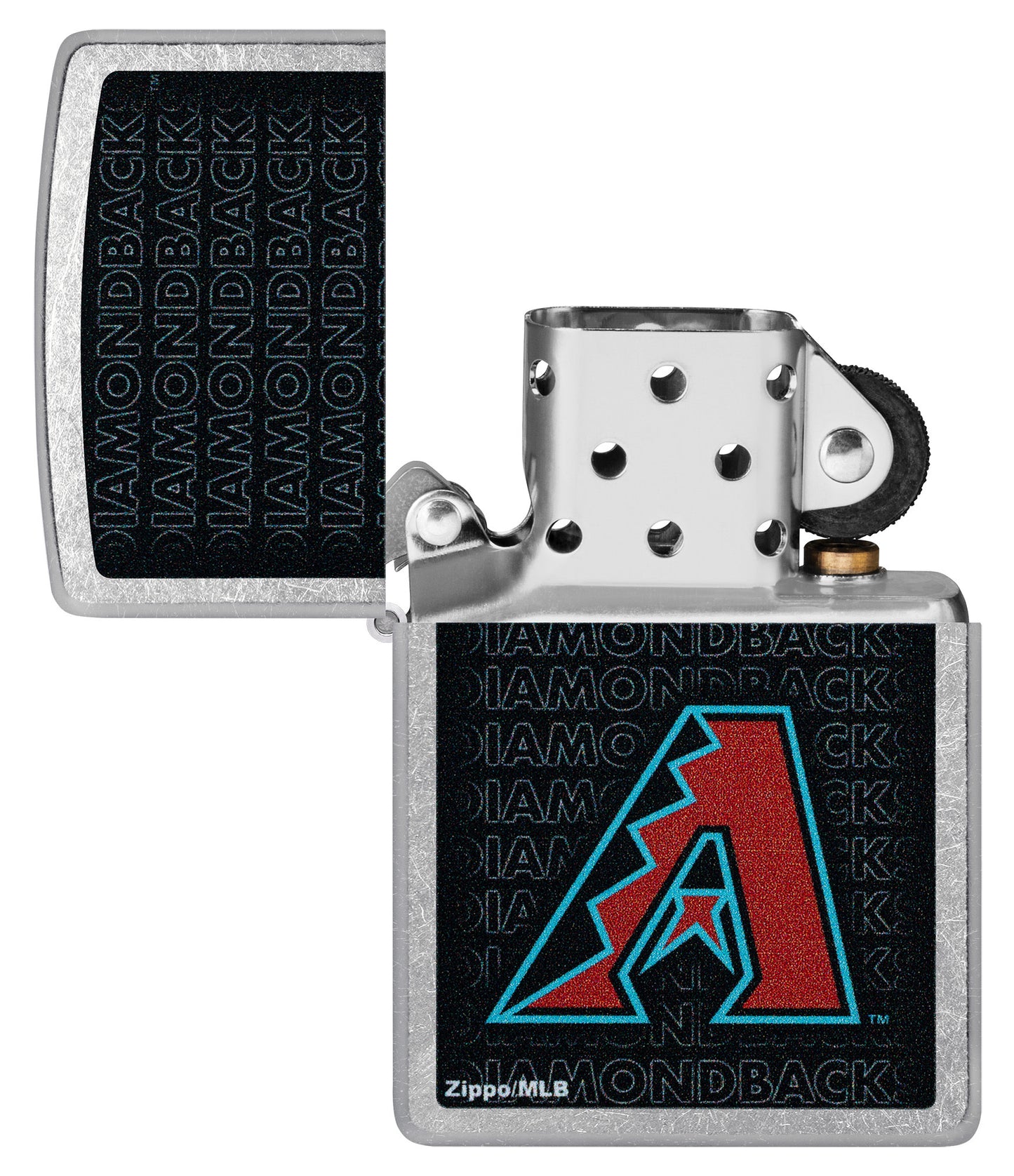 Zippo MLB® Arizona Diamondbacks Street Chrome Windproof Lighter with its lid open and unlit.