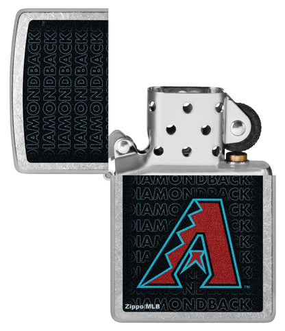 Zippo MLB® Arizona Diamondbacks Street Chrome Windproof Lighter with its lid open and unlit.