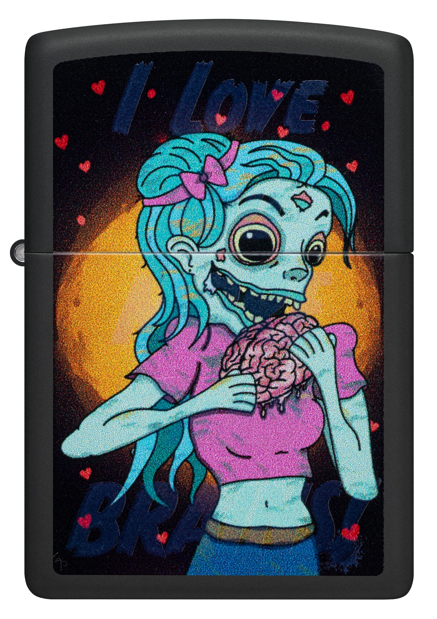 Front view of Zippo Black Light Brainiac Design Black Matte Windproof Lighter.