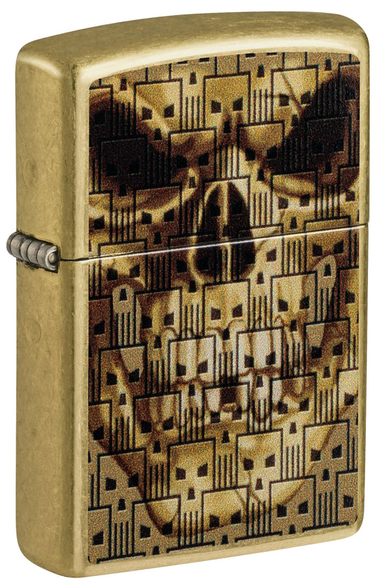 Front shot of Zippo Skulls on Skulls Design Street Brass Windproof Lighter standing at a 3/4 angle.