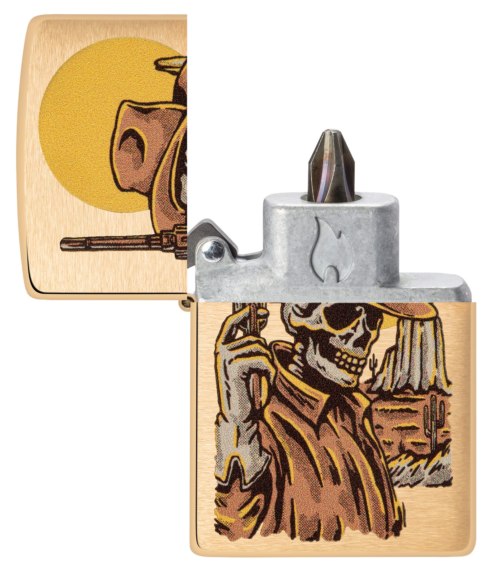 Wild West Skeleton Design Windproof Lighter with its lid open and showing the Bit Safe Screwdriver USA. 