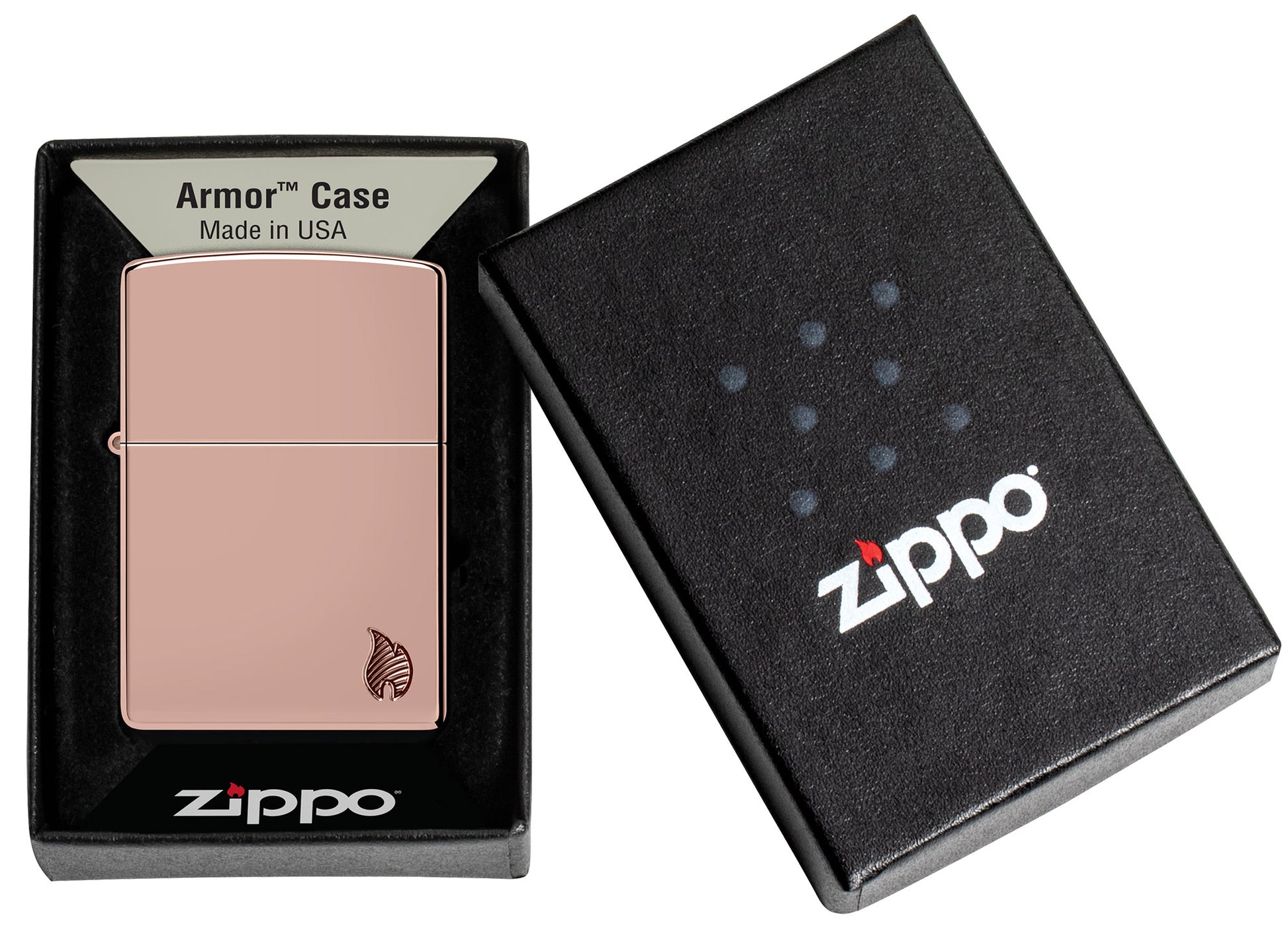 Zippo Armor® Series Flame High Polish Rose Gold Windproof Lighter in its packaging.