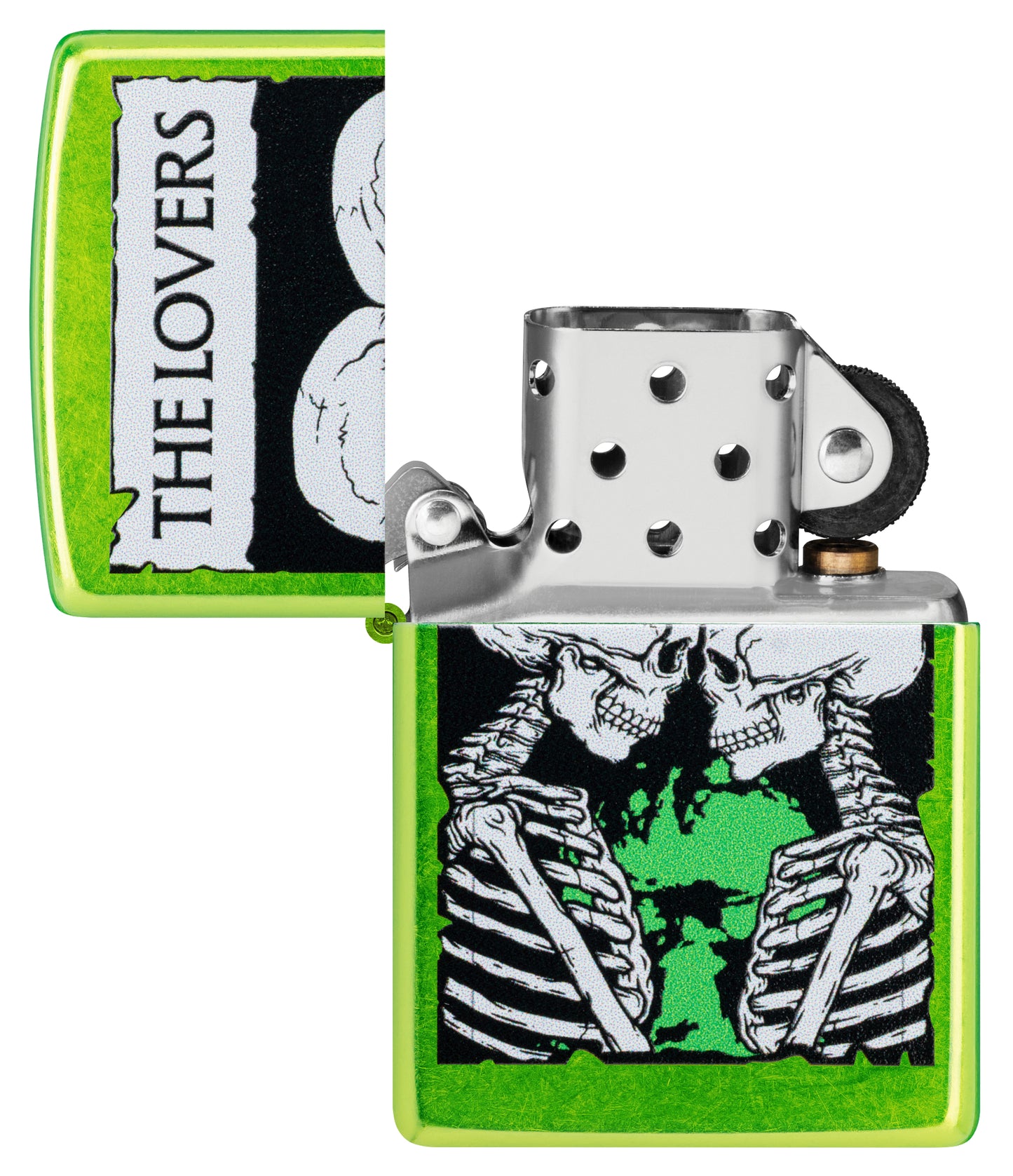 Zippo The Lovers Design Lurid Windproof Lighter with its lid open and unlit.