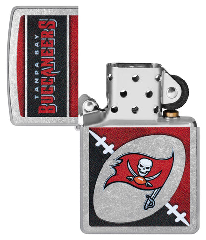 Zippo NFL Tampa Bay Buccaneers Street Chrome Windproof Lighter with its lid open and unlit.