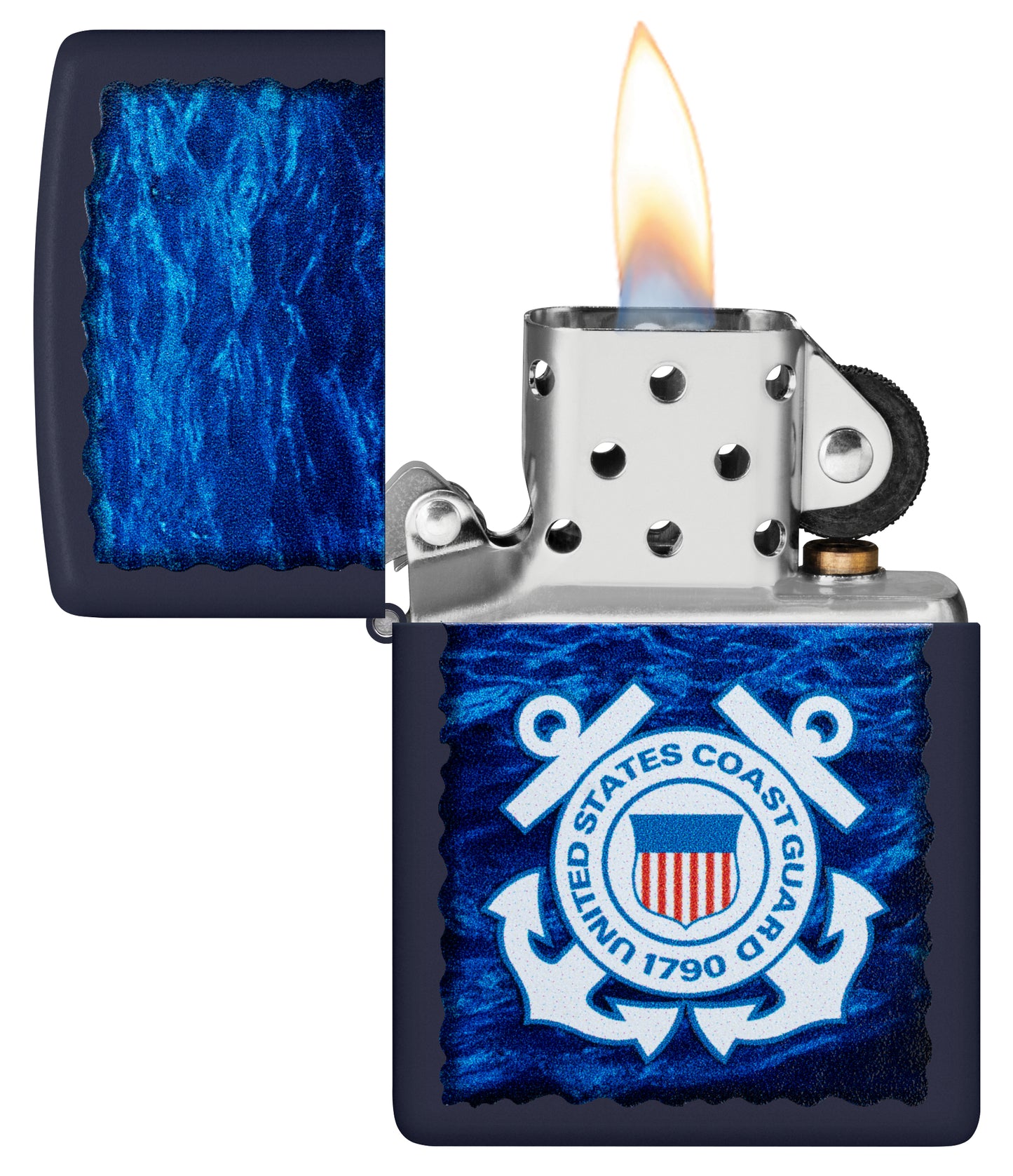 Zippo U.S. Coast Guard Waves Design Navy Matte Windproof Lighter with its lid open and lit.