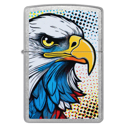 Front view of Zippo Pop Art Eagle Design Street Chrome Windproof Lighter.