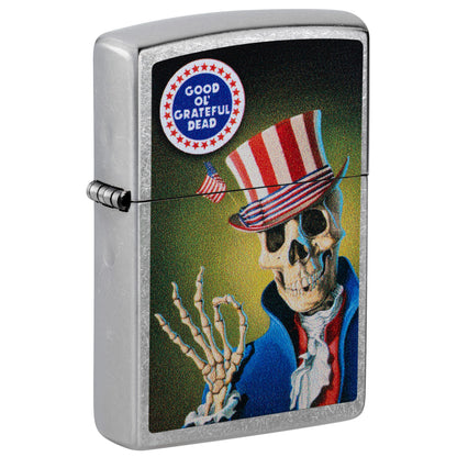 Front shot of Zippo Good Ol' Grateful Dead Design Street Chrome Windproof Lighter standing at a 3/4 angle.