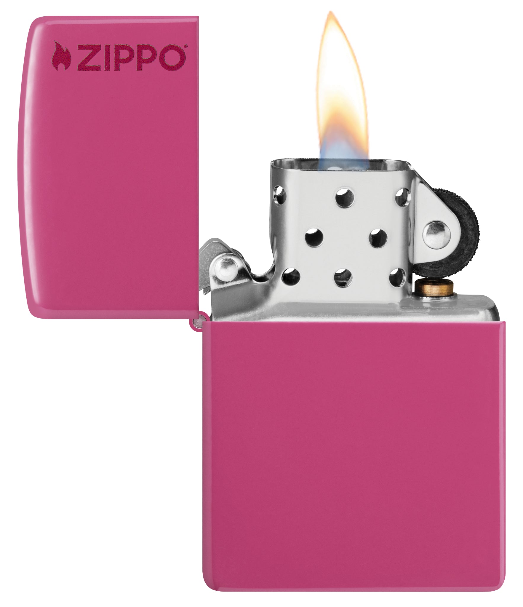 Classic Frequency Zippo Logo Windproof Lighter with its lid open and lit.