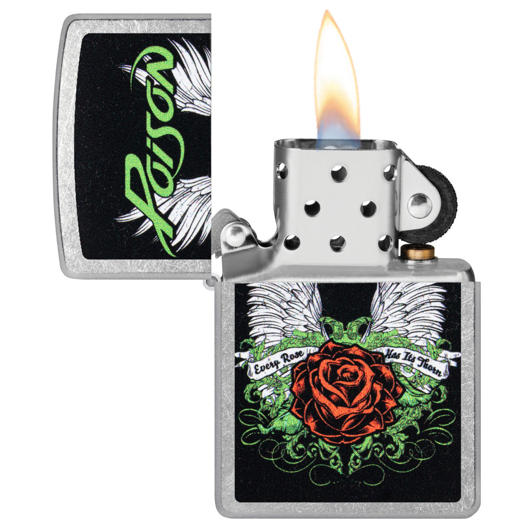 Zippo Poison Winged Rose Design Street Chrome Windproof Lighter with its lid open and lit.