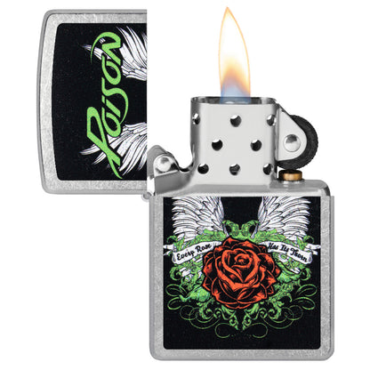 Zippo Poison Winged Rose Design Street Chrome Windproof Lighter with its lid open and lit.