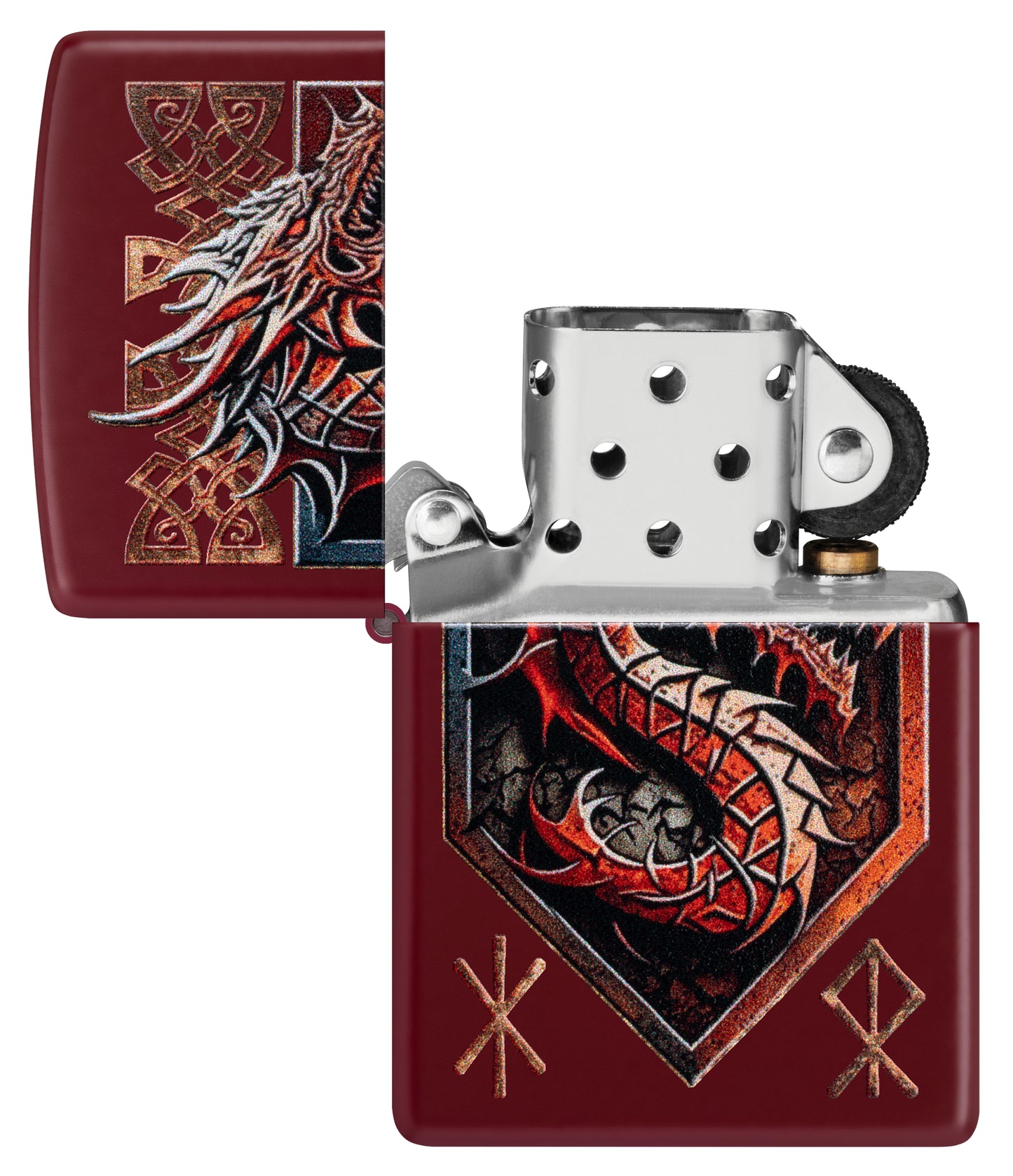 Zippo Dragon Shield Design Merlot Windproof Lighter with its lid open and unlit.