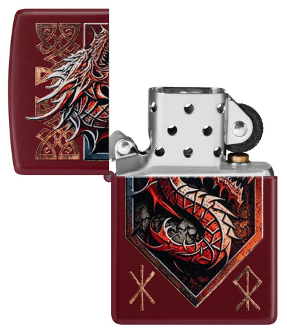 Zippo Dragon Shield Design Merlot Windproof Lighter with its lid open and unlit.