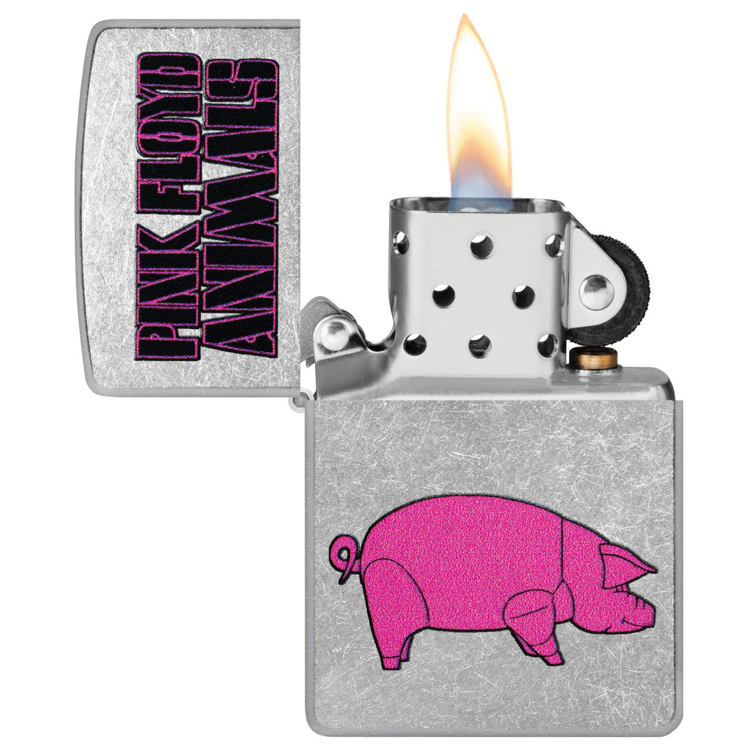 Zippo Pink Floyd Animals Design Street Chrome Windproof Lighter with its lid open and lit.