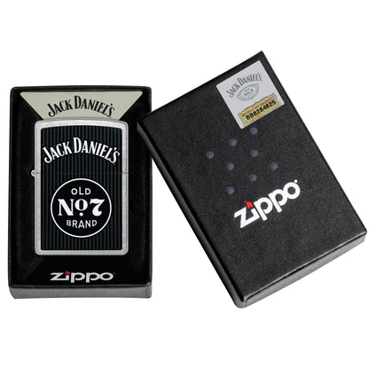 Zippo Jack Daniel's Old No. 7 Pinstripe Design Street Chrome Windproof Lighter in its packaging.