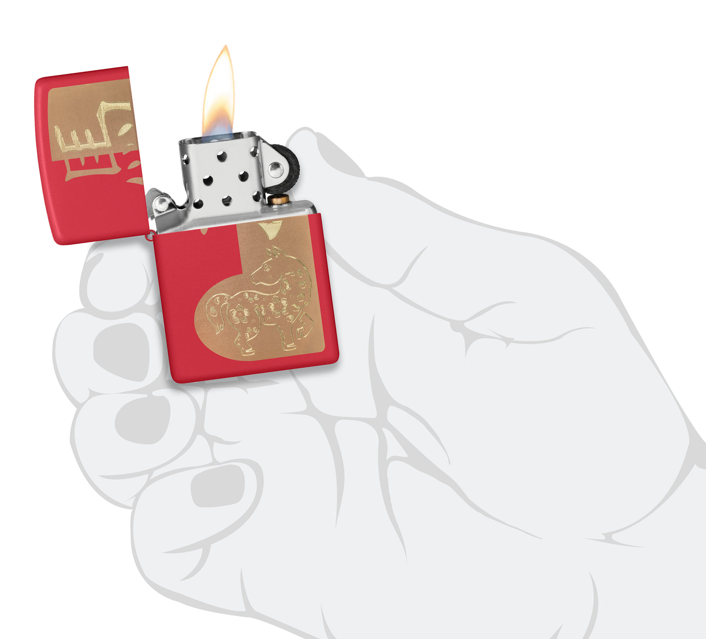 Zippo 2026 Year of the Horse Design Red Matte Windproof Lighter lit in hand.