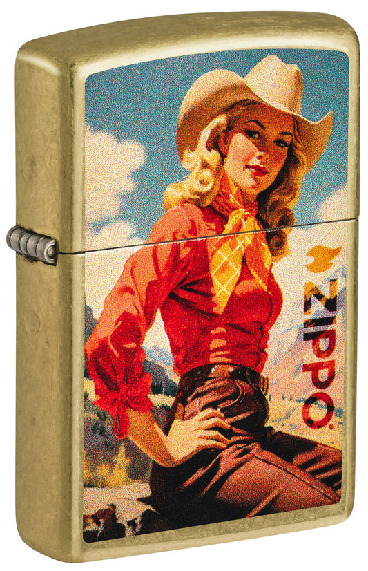 Front shot of Zippo Rancher Design Regular Street Brass Windproof Lighter standing at a 3/4 angle.